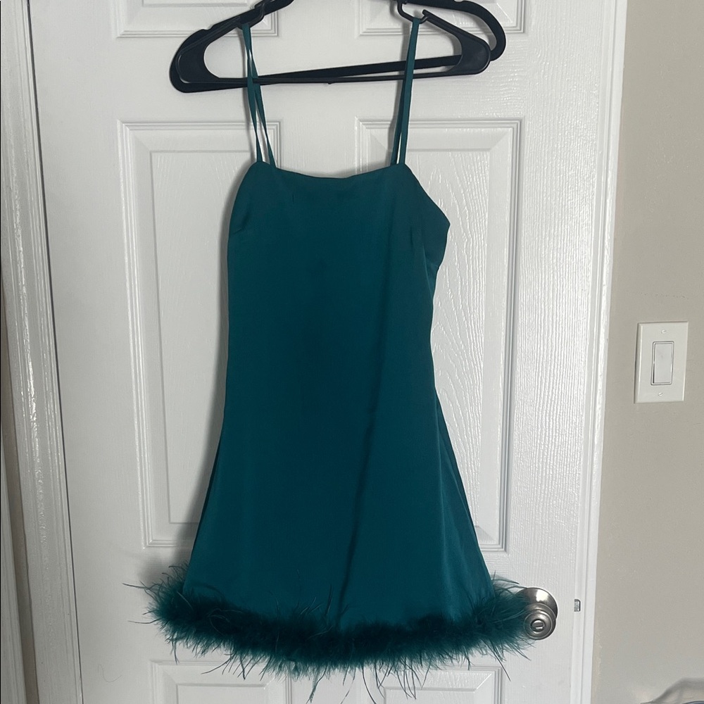 Elegant Teal Mini Dress with Feather Trim